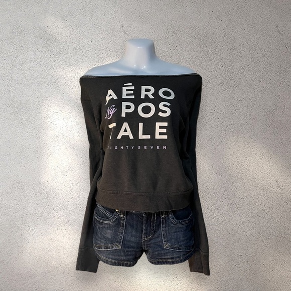 AEROPOSTALE GREY OFF THE SHOULDER SWEATSHIRT - Picture 1 of 5